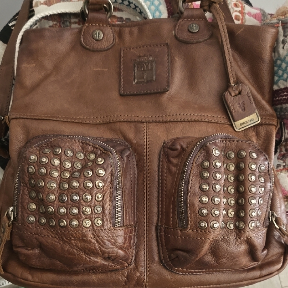 Frye Dark Brown Leather Handbag with Logo Patch